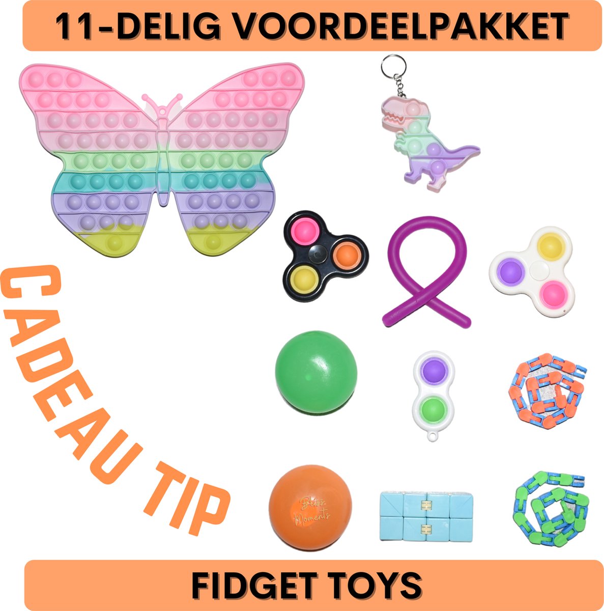 11-delig Fidget Toys pakket | VOORDEELPAKKET | pop it, sticky balls, simple dimple, wacky tracks, monkey noodle, infinity cube en spinners | cadeau onder 30 euro